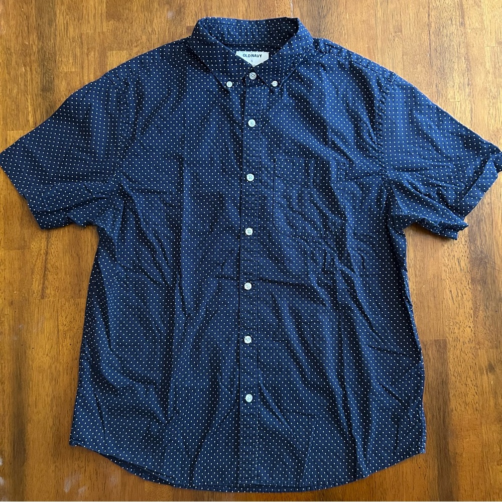 Navy Blue Polka Dot Short Sleeve Button-Down Shirt | Men’s Size L | Old Navy